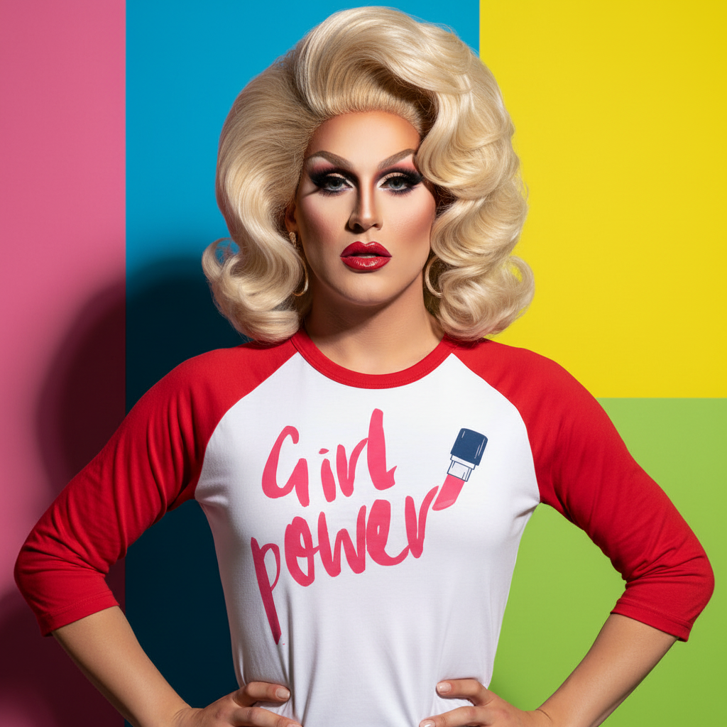 Girl Power 3/4 sleeve raglan shirt with bold blue, yellow, pink, and green blocks and a lipstick graphic for queer pride.