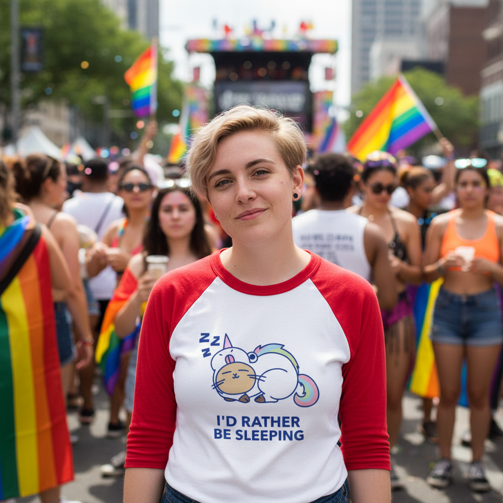 I'd Rather Be Sleeping" 3/4 sleeve raglan shirt with cartoon cat, worn at a pride parade with rainbow flags and city crowd.