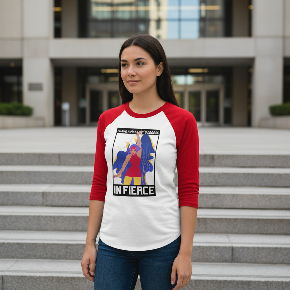 3/4 sleeve raglan shirt with a vibrant superhero graphic, “I HAVE A SUPER SECRET” on top and “IN FIERCE” beneath.