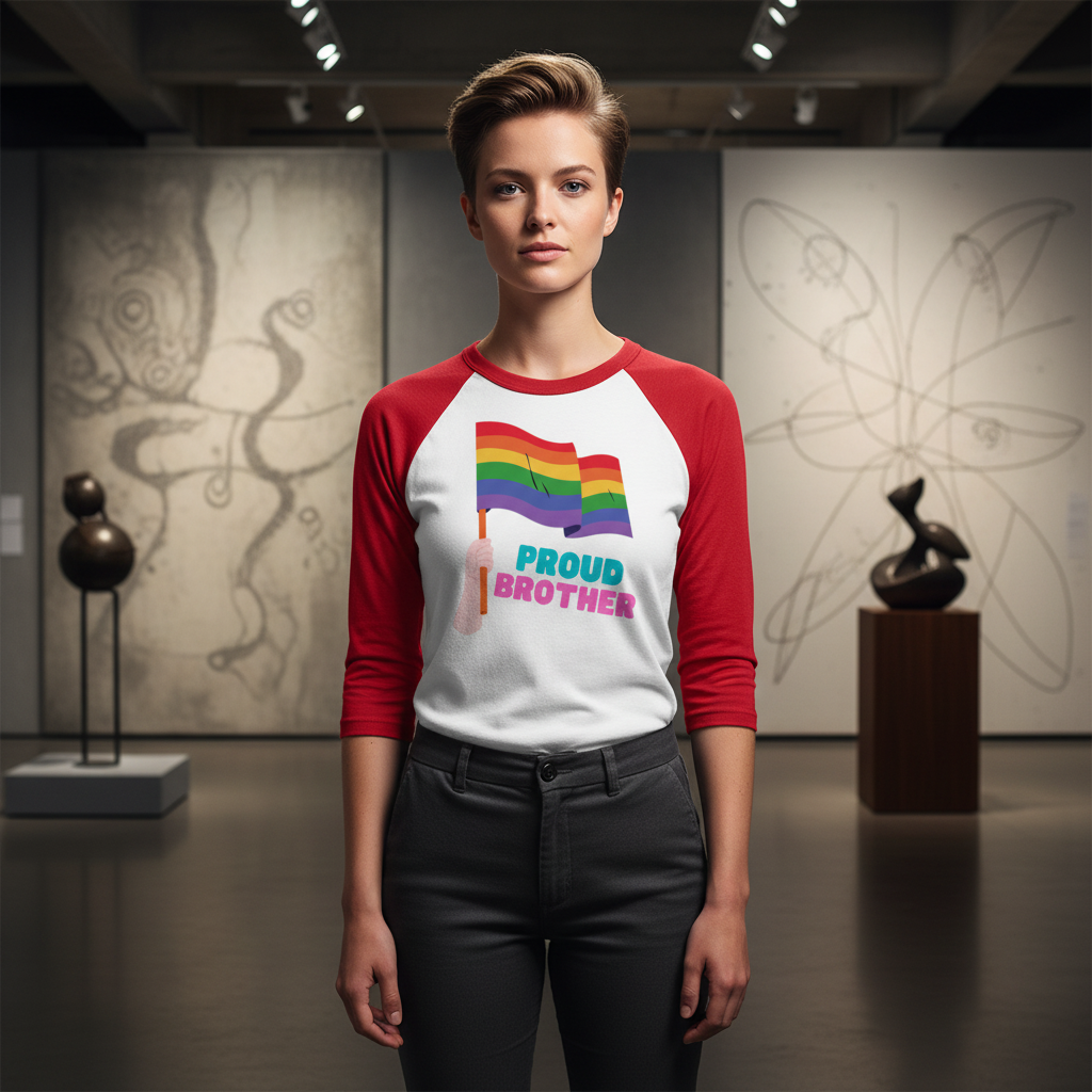 3/4 sleeve raglan shirt in red and white, “Proud Brother” text, rainbow flag accent; queer person stands in art gallery.