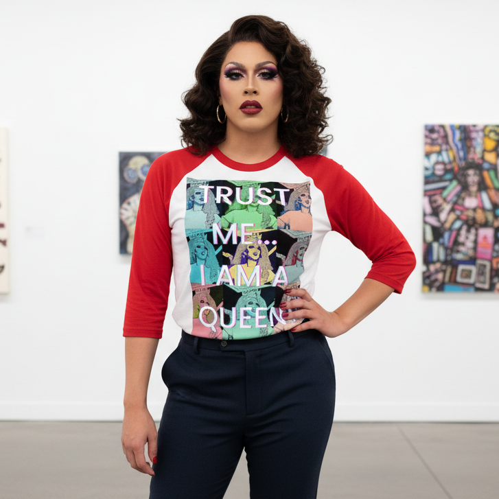 Model wearing a red-and-white raglan shirt reading “TRUST ME... I AM A QUEEN”