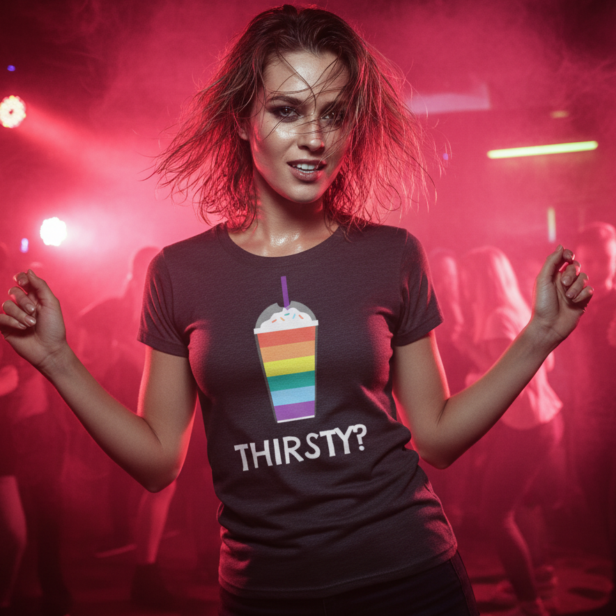 Thirsty? T-shirt with a rainbow-striped milkshake and “THIRSTY?” slogan, worn by a woman dancing under pink club lights.