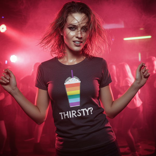 Thirsty? T-shirt with a rainbow-striped milkshake and “THIRSTY?” slogan, worn by a woman dancing under pink club lights.