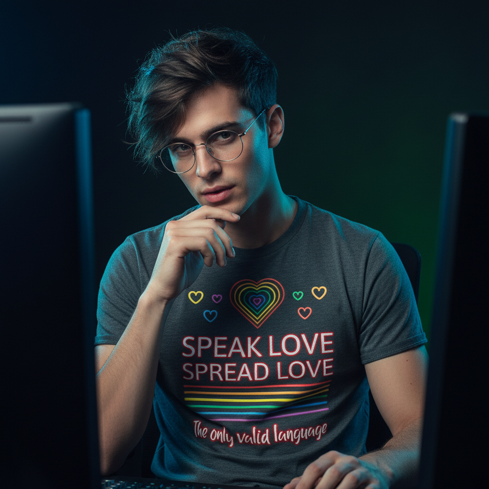Model wearing a charcoal T-shirt with rainbow hearts and “Speak Love Spread Love” lettering
