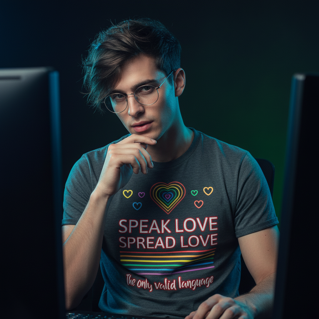Model wearing a charcoal T-shirt with rainbow hearts and “Speak Love Spread Love” lettering
