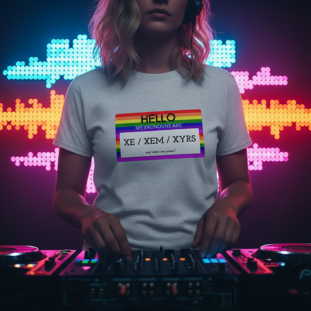 Hello My Pronouns Are Xe / Xem / Xyrs" T-shirt with rainbow badge, worn by DJ. Pride lights, soundwaves, and headphones glow.
