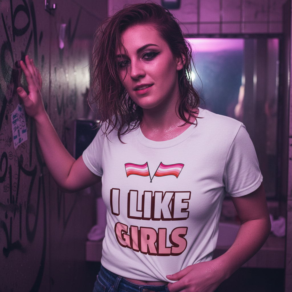 White T-shirt reading “I LIKE GIRLS” with two pink lesbian pride flags, worn by a model