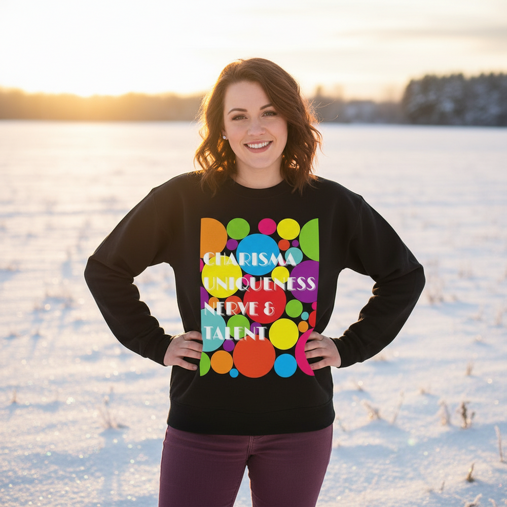 Model wearing a black sweatshirt with colorful circles and “CHARISMA UNIQUENESS NERVE & TALENT” text