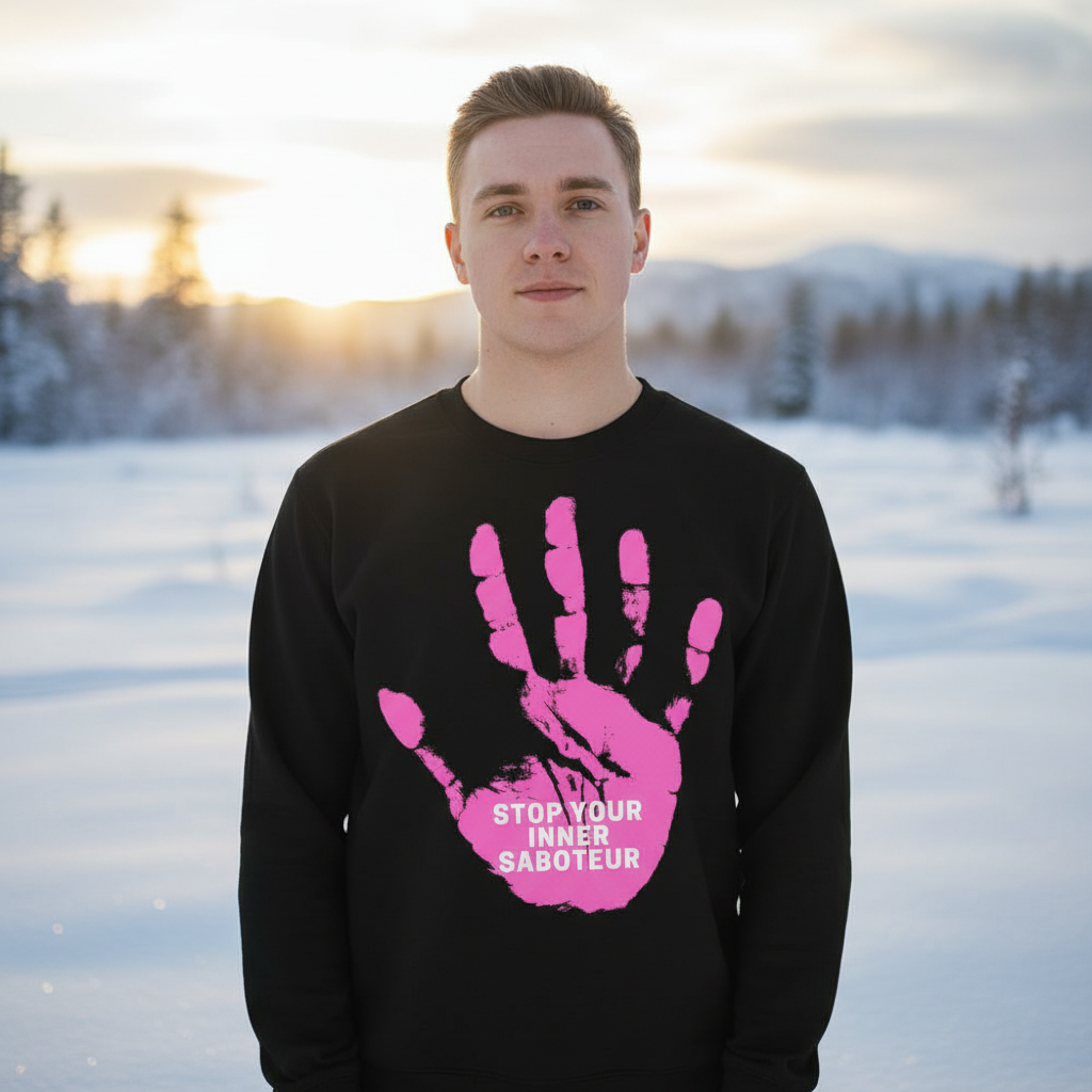Model wearing a black sweatshirt with a pink hand graphic and “STOP YOUR INNER SABOTEUR” text