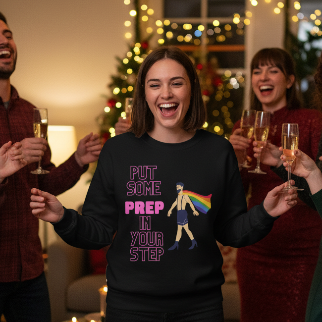 Person wearing a black sweatshirt reading “PUT SOME PREP IN YOUR STEP” with a rainbow-caped figure