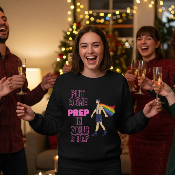 Person wearing a black sweatshirt reading “PUT SOME PREP IN YOUR STEP” with a rainbow-caped figure