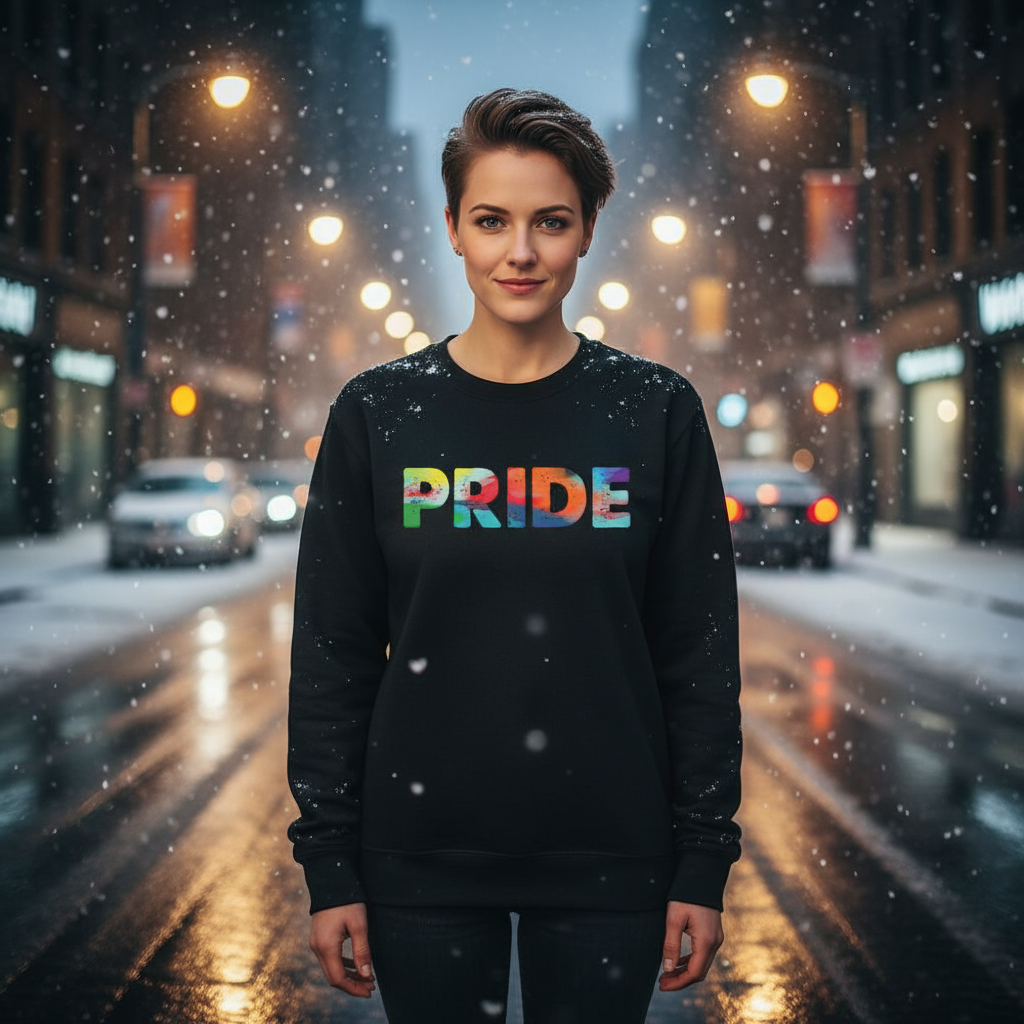 A person in a PRIDE rainbow-lettered black sweatshirt stands in a snow-dusted street, reflecting vibrant streetlights. The Pride Unisex Sweatshirt embodies warmth, visibility, and self-expression, celebrating LGBTQIA+ empowerment.
