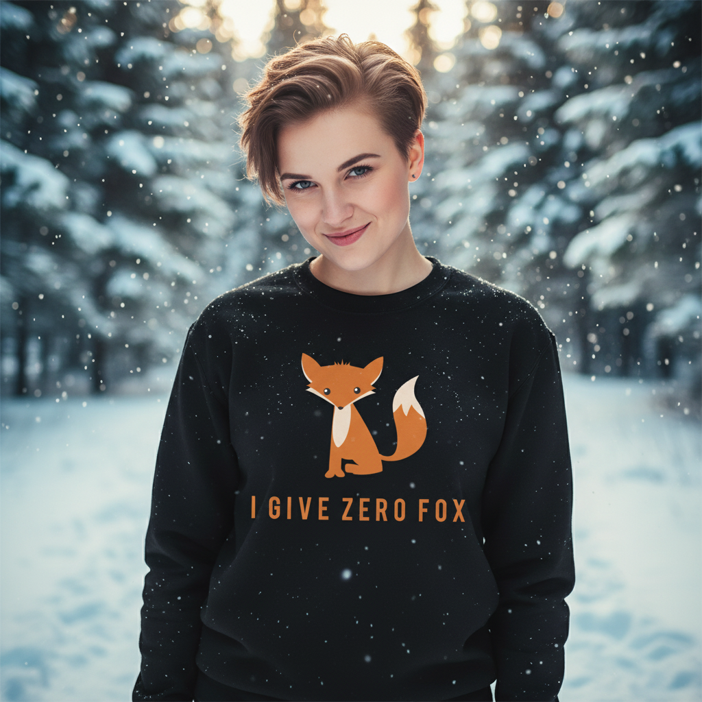 Model wearing a black sweatshirt with an orange fox and “I GIVE ZERO FOX” text in falling snow