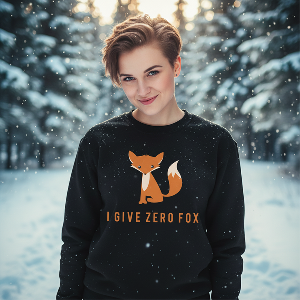 Model wearing a black sweatshirt with an orange fox and “I GIVE ZERO FOX” text in falling snow