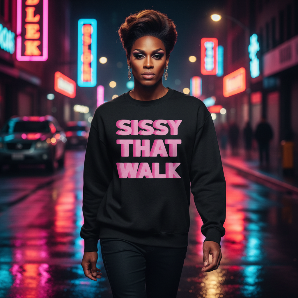 Unisex sweatshirt with bold pink "Sissy That Walk" text, worn by a proud queer person strutting neon city streets at night.