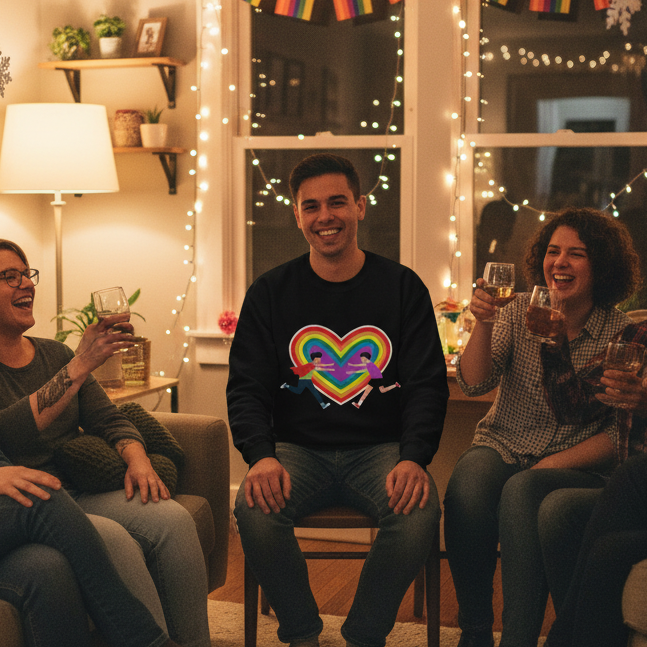 Three people enjoying a Pride celebration, with one wearing the Gay Couple Unisex Sweatshirt featuring a rainbow heart and figures, embodying inclusive style and LGBTQIA+ pride in a cozy setting.