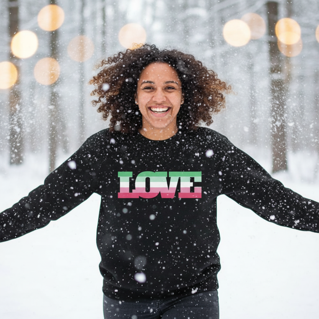 Person wearing a black LOVE sweatshirt with pink, white, and green stripes in falling snow