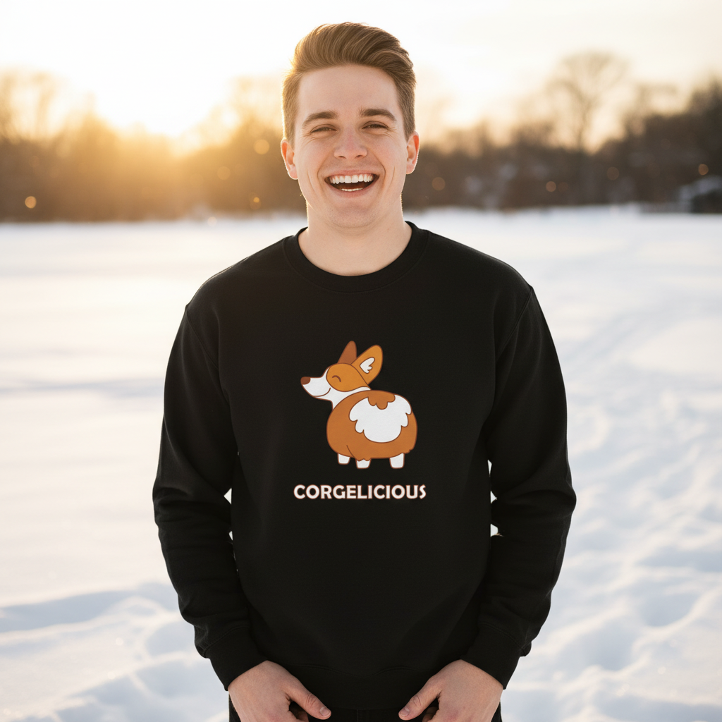 Smiling in a snowy sunset, a young person rocks the Corgelicious Unisex Sweatshirt featuring a cute corgi. This cozy, prideful piece celebrates LGBTQ visibility and self-expression with joyful, queer energy.