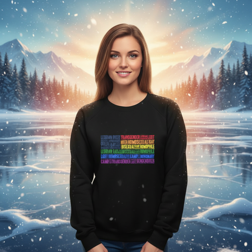 Young woman outdoors in snowy mountains wearing the Gay USA Unisex Sweatshirt with rainbow LGBTQ terms, embodying Pride and warmth.