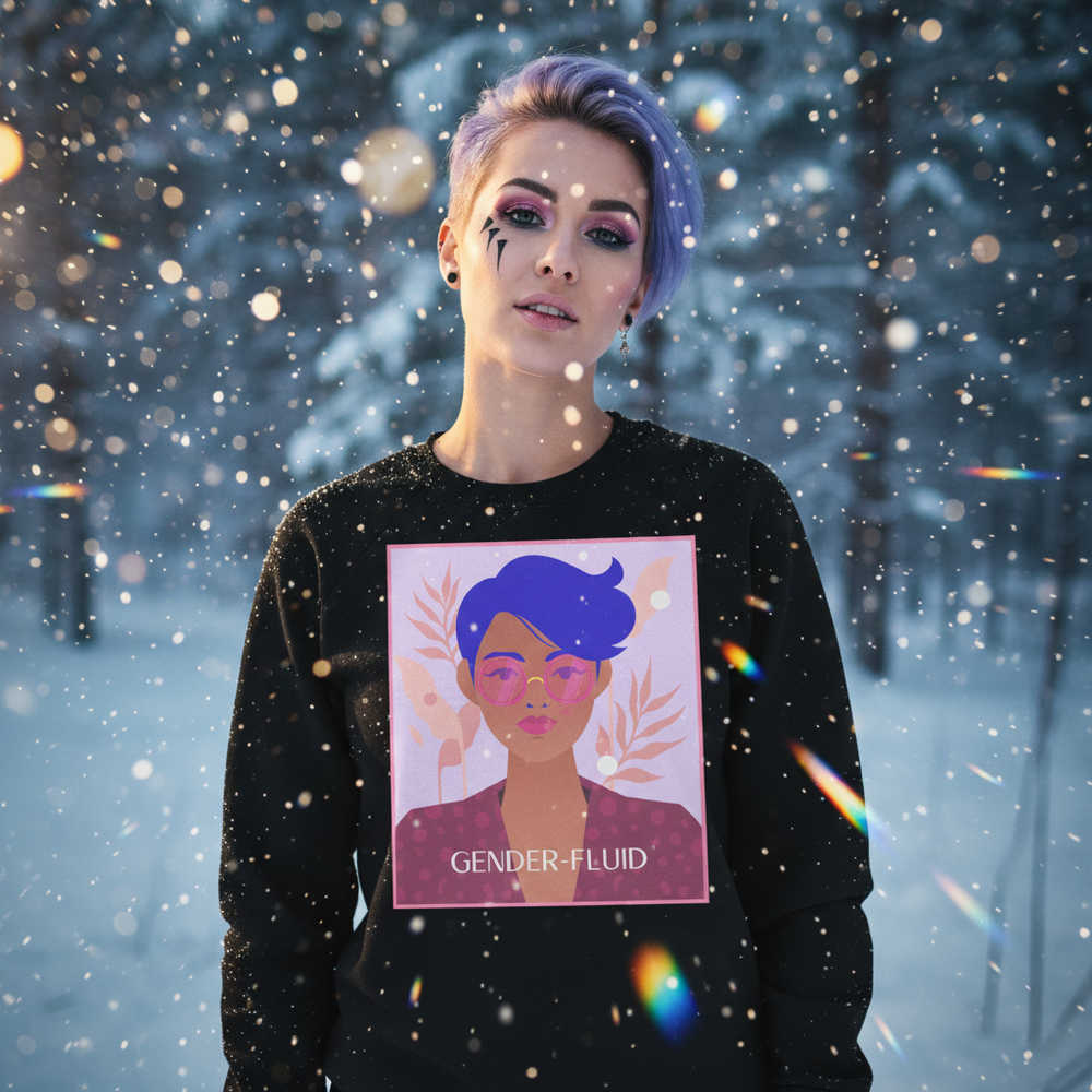 Model in a snowy forest wearing a black sweatshirt with a gender-fluid portrait graphic