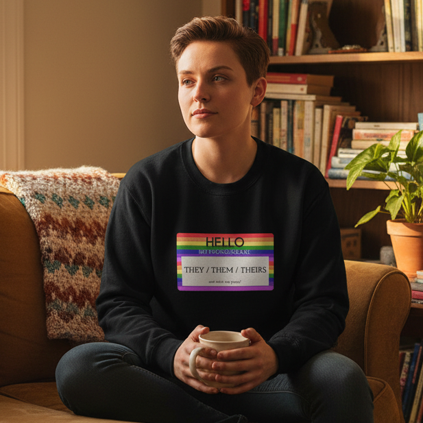 Seated person wearing a black sweatshirt with a rainbow pronoun nametag, holding a mug