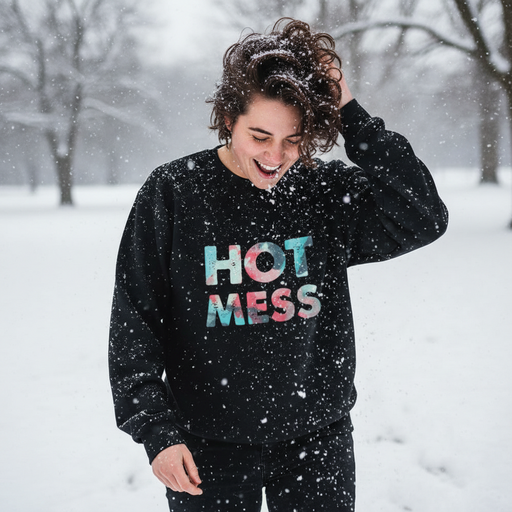 Person outdoors in falling snow wearing a black sweatshirt reading “HOT MESS”