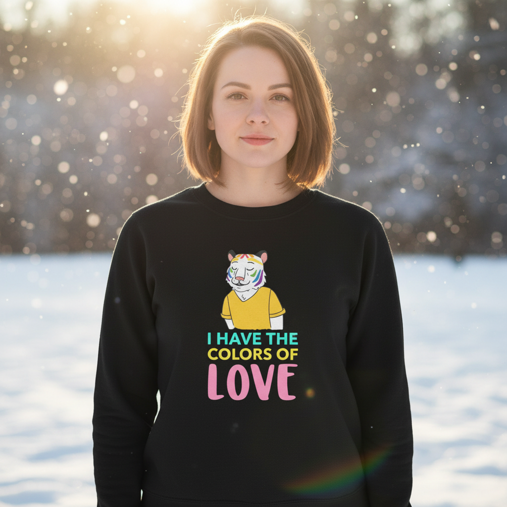 Young woman in a snowy landscape wearing the I Have The Colors Of Love Unisex Sweatshirt, featuring a vibrant cartoon tiger with rainbow stripes, embodying LGBTQ pride and self-expression.