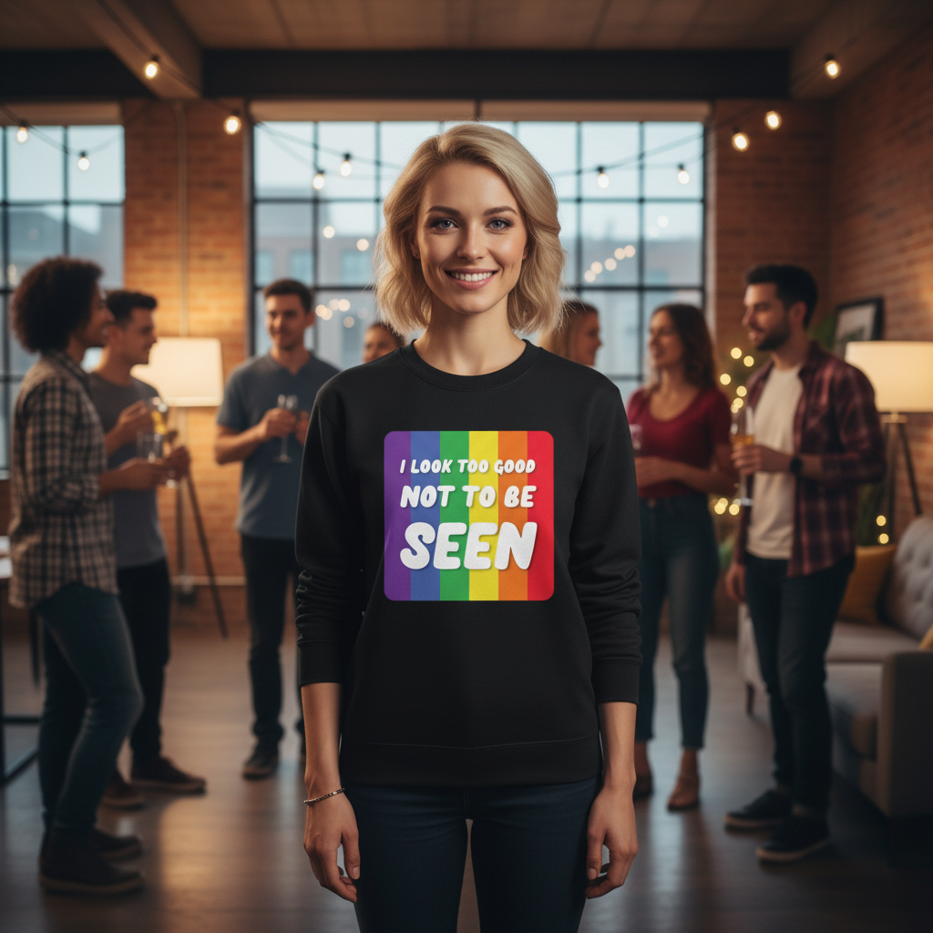 Smiling woman in a black I Look Too Good Not To Be Seen Unisex Sweatshirt, embodying queer pride and empowerment, amidst a lively loft gathering, reflecting visibility and self-expression.