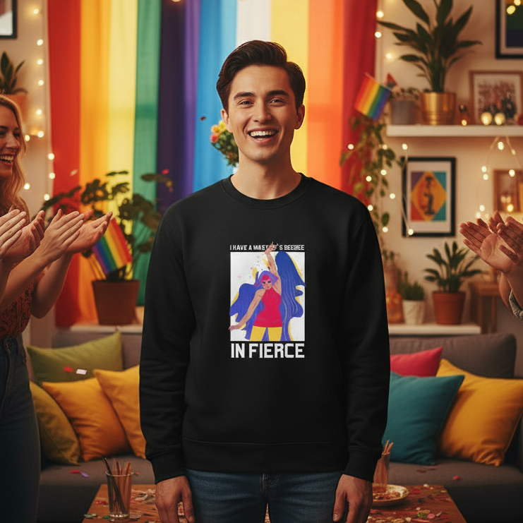 Young man wearing the Master's Degree In Fierce Unisex Sweatshirt, featuring a bold illustration and text, celebrating LGBTQ pride. Surrounded by cheering friends and pride-themed decor, embodying empowerment and self-expression.