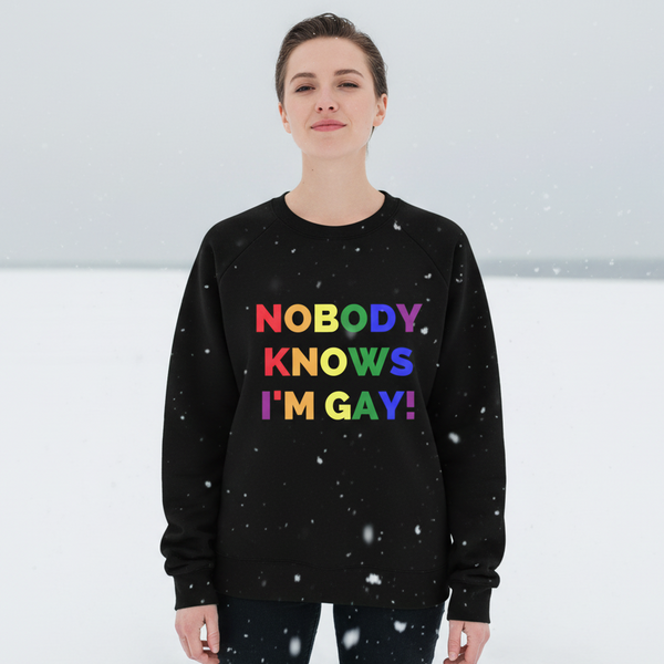 Person in snow wearing a black sweatshirt reading “NOBODY KNOWS I'M GAY!” in rainbow letters