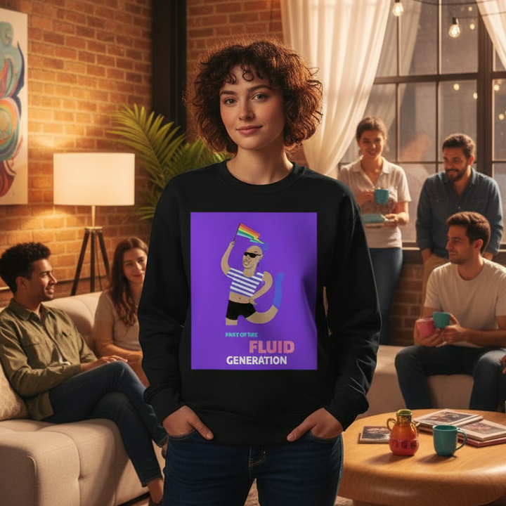 Young person wearing the Part Of The Fluid Generation Unisex Sweatshirt, showcasing a vibrant graphic of a cartoon with a pride flag. Friends gather behind, embodying prideful, inclusive, and joyful queer energy.