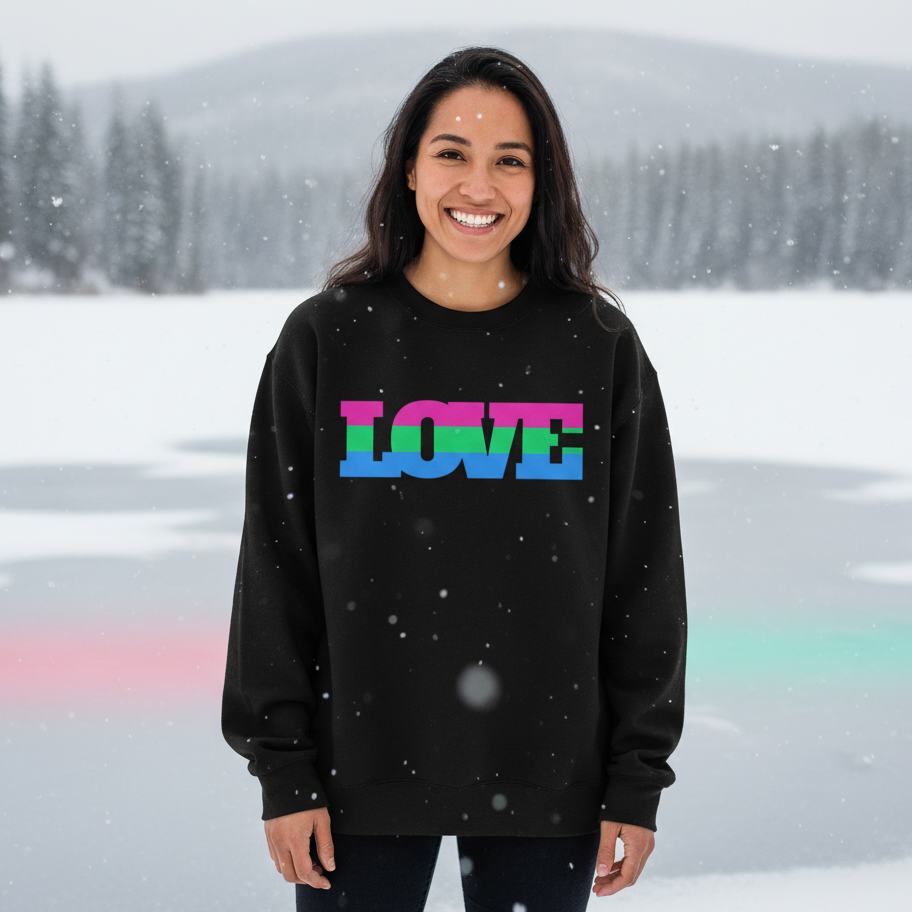 Smiling person models a black sweatshirt with multicolor “LOVE” lettering in falling snow
