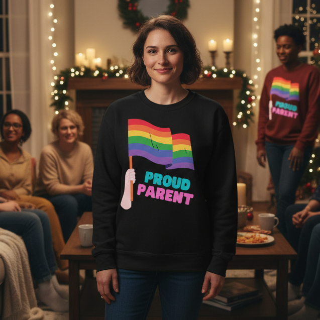 Front-facing person wearing a black sweatshirt with rainbow flags and “PROUD PARENT” text