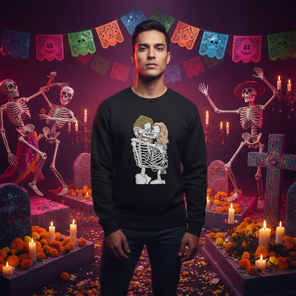 Queer Skeletons Unisex Sweatshirt, soft fabric, shown on a man at Día de los Muertos with hugging skeletons repping queer love.
