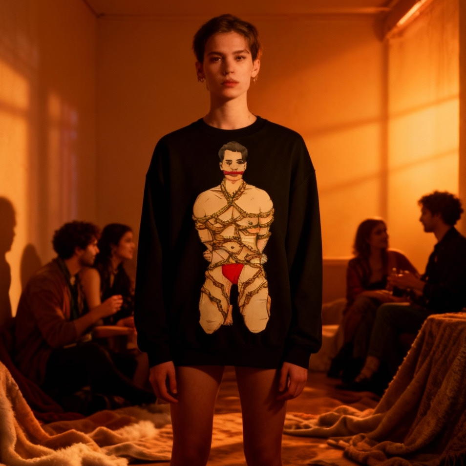 Person modeling a black sweatshirt with a bound, gagged figure graphic in a warmly lit room
