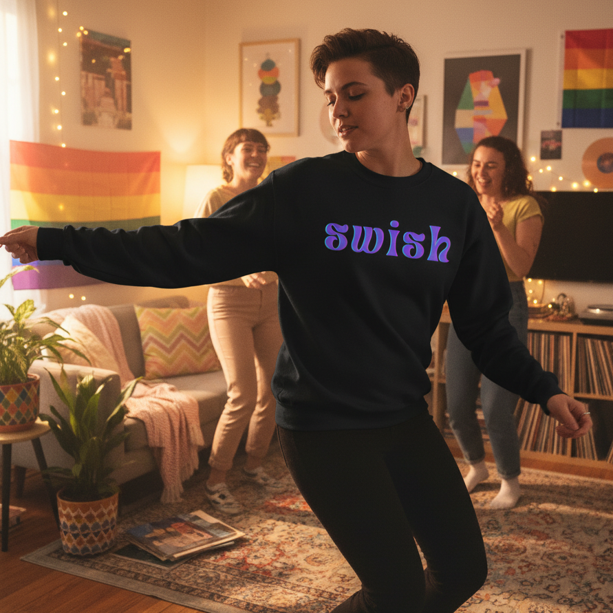 Person dancing in a black sweatshirt with colorful “swish” lettering, friends behind