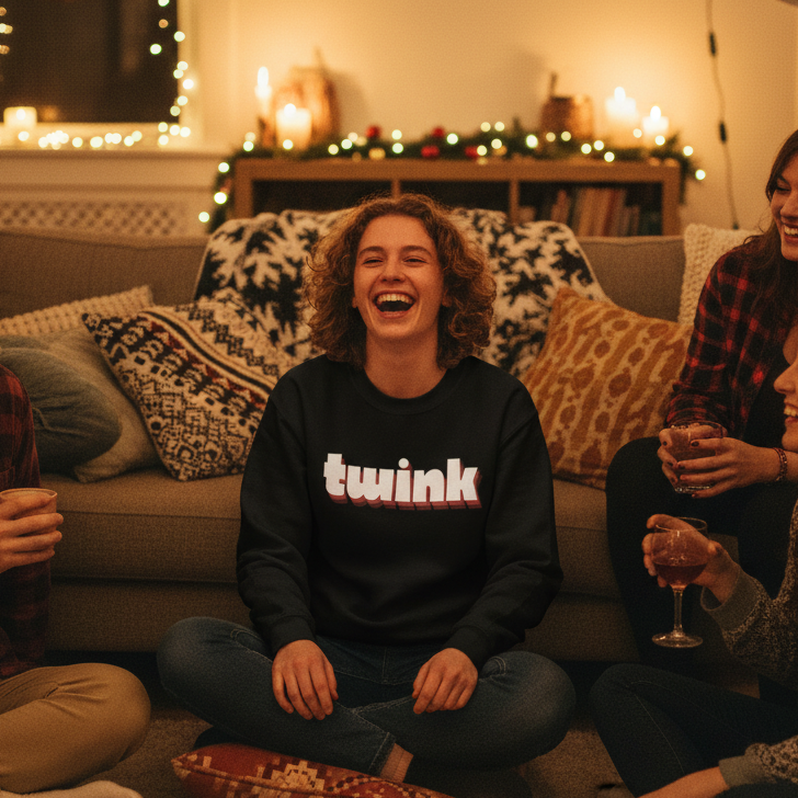 Laughing person seated on a couch wearing a black sweatshirt reading “Twink”