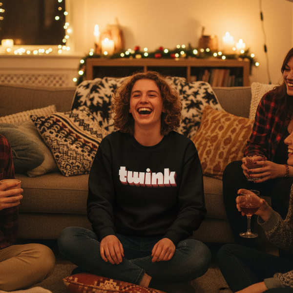 Laughing person seated on a couch wearing a black sweatshirt reading “Twink”