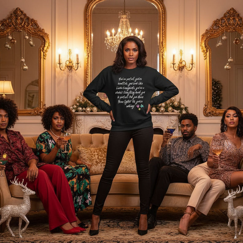 person modeling a black sweatshirt with white script and small colored flower graphics in an ornate living room