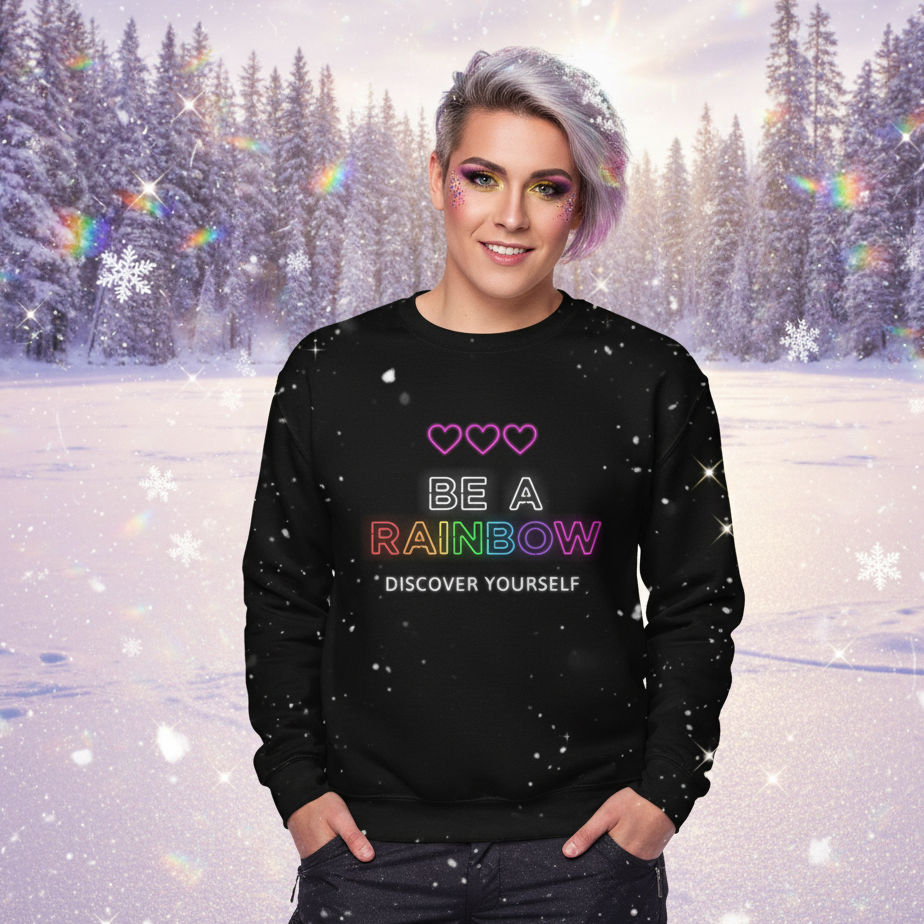 Person wearing the Be Yourself Unisex Sweatshirt, showcasing vibrant neon lettering and hearts. Pastel-dyed hair and rainbow makeup complement the sweatshirt's empowering message, set against a snowy, festive winter backdrop.