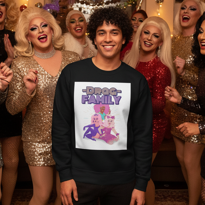 Young man in a Drag Family Unisex Sweatshirt with vibrant drag illustration, smiling among fabulous drag performers in sequined dresses, embodying queer pride, visibility, and self-expression.
