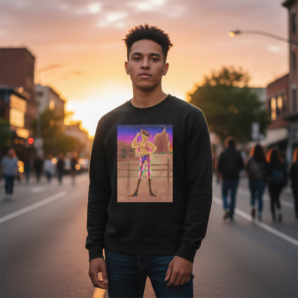Gay Cowboy at Sunset Unisex Sweatshirt with vibrant, glowing artwork of a queer heroic figure, modeled by a young man at sunset.