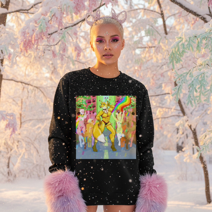 A young person in a snowy woodland wears the Gay Furry Pride Unisex Sweatshirt, showcasing a vibrant cartoon fox amid rainbow confetti, embodying queer pride, self-expression, and warmth.