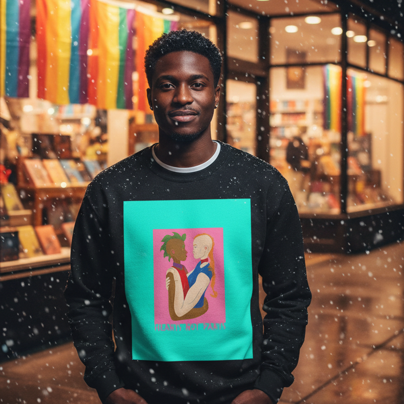 Hearts Not Parts Unisex Sweatshirt featuring vibrant, embracing figures and bold lettering, worn by a young man at a bookstore with pride flags. Celebrate LGBTQ pride and self-expression warmly and stylishly.