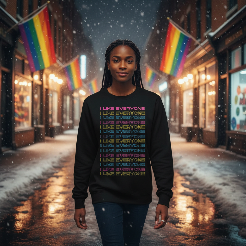 Young woman walks down a snowy city street, wearing an I Like Everyone Unisex Sweatshirt in rainbow print, embodying Queer In The World's empowering, inclusive, and prideful fashion statement.