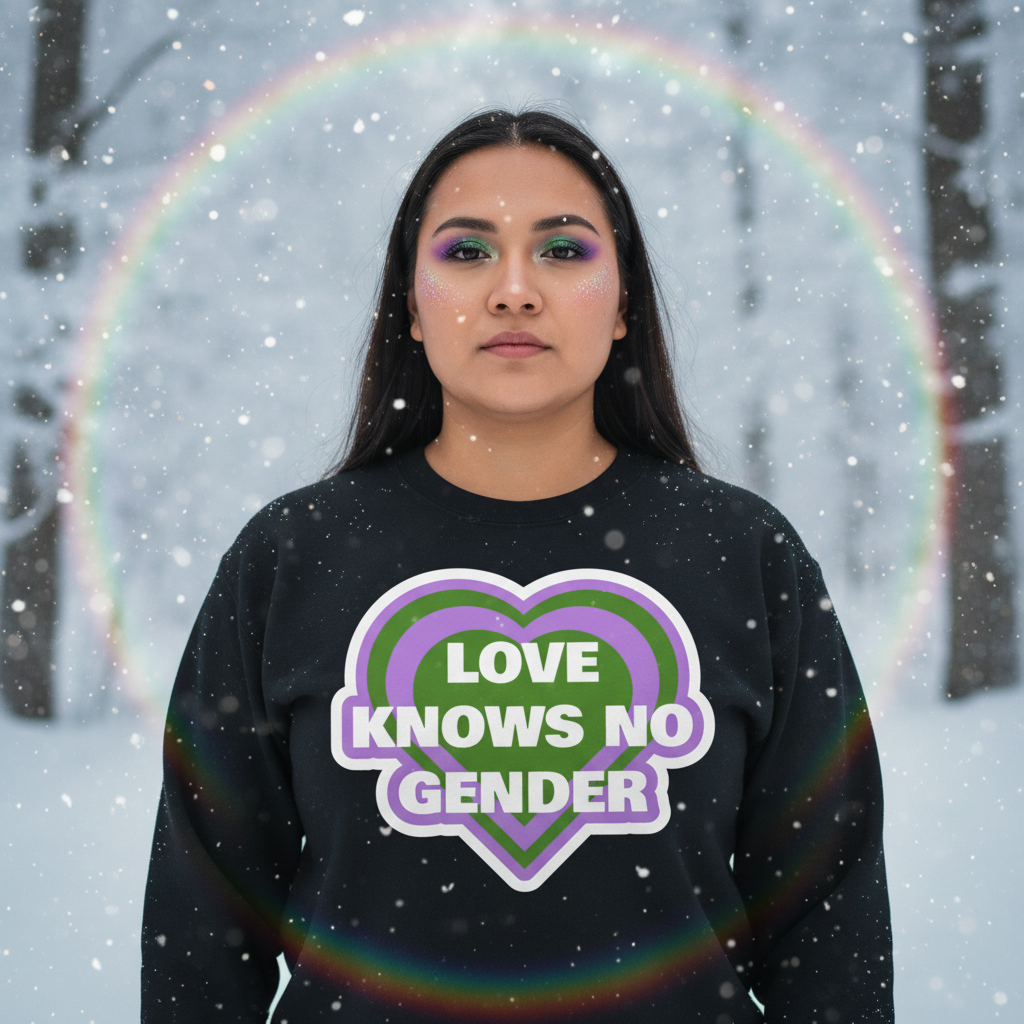 Person in snow wearing Love Knows No Gender Unisex Sweatshirt with heart graphic. Complementary green and purple glittery eyeshadow, embodying LGBTQ pride and empowerment.