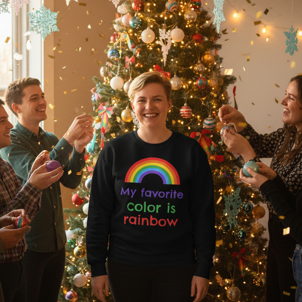 Person wearing a black rainbow sweatshirt reading “My favorite color is rainbow” by a decorated Christmas tree