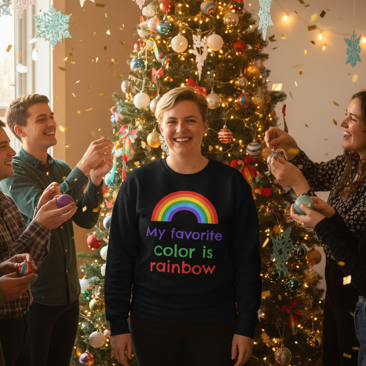 Friends celebrate around a decorated tree, centering on one wearing the My Favourite Color is Rainbow Unisex Sweatshirt. The scene embodies festive joy and LGBTQ pride with a bold statement of self-expression.