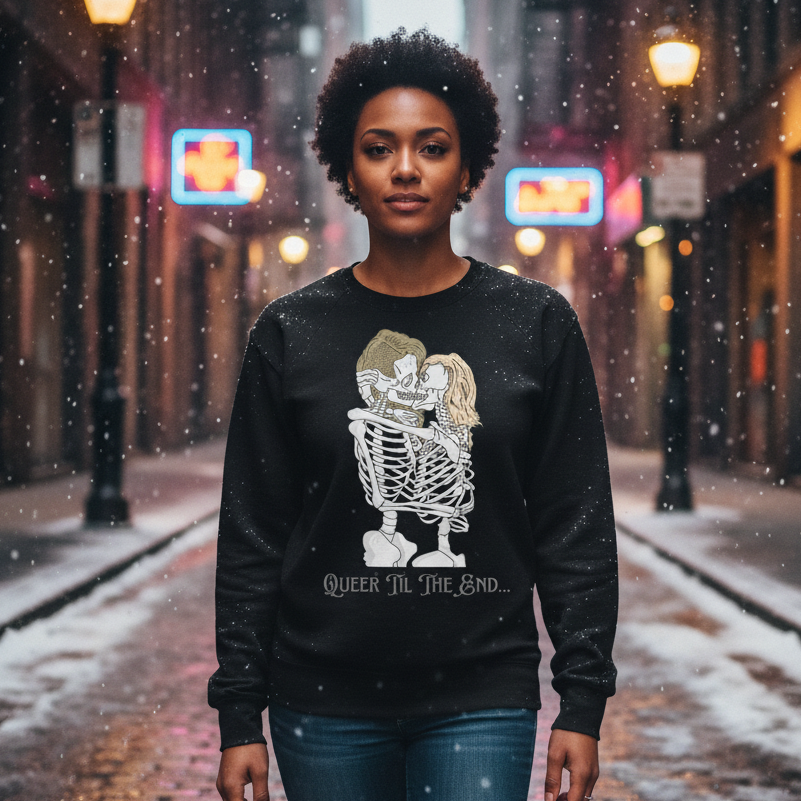 Queer Til the End Unisex Sweatshirt features skeletons embracing, symbolizing enduring love and pride. This cozy, stylish statement piece embodies LGBTQ visibility, empowerment, and self-expression amidst a snowy city backdrop.