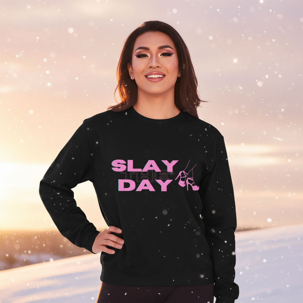 Person stands confidently in a snowy landscape, wearing the Slay the Day Unisex Sweatshirt, featuring bold pink text and graphics. This empowering, prideful garment combines warmth and self-expression.